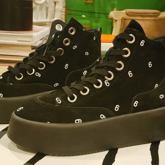 Maison Margiela MM6 Platform High-Top Sneakers Black Size 39 - Suede Logo Print - Picture 1 of 7